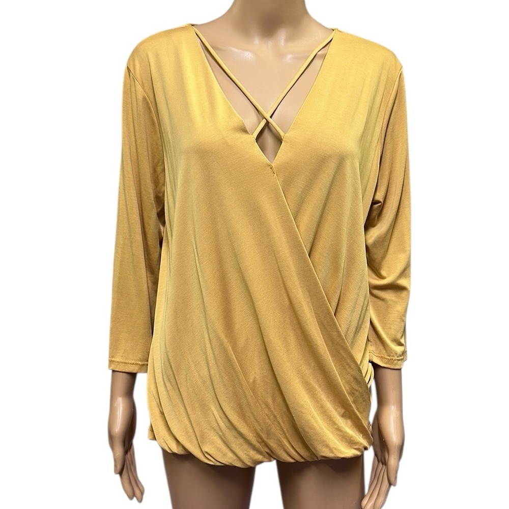Pleione Mustard Wrap Criss Cross 3 Quarter Sleeve Modal Blend Top Womens Medium